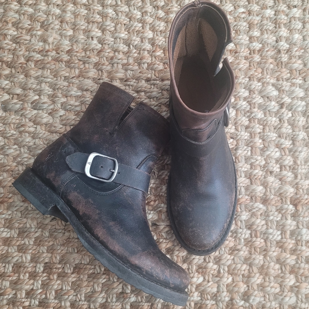 Frye Veronica Brown Distress Leather Ankle Boot with Buckle Size 7 Grunge Biker